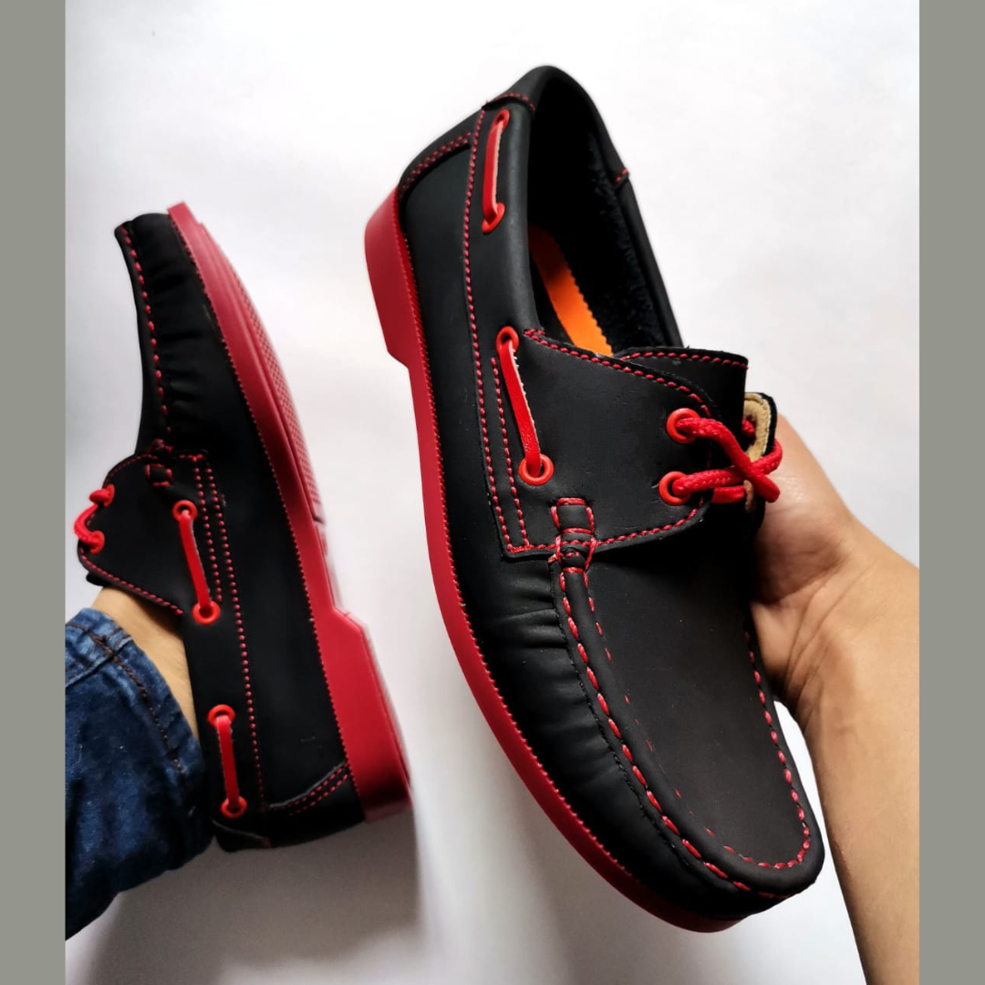 Mocasines BSC – 222 NEGRO CON SUELA ROJO, BLANCO Y MIEL